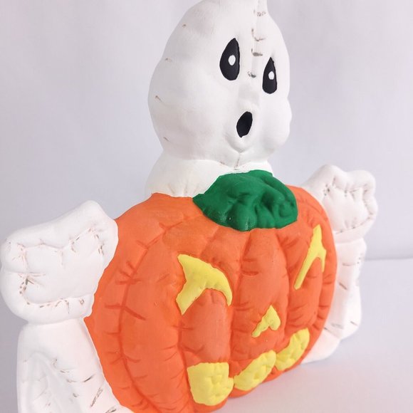 Handpainted Ghost w/ Jack O' Lantern Pumpkin Boo Mouth Ceramic Halloween Figure - Picture 2 of 8